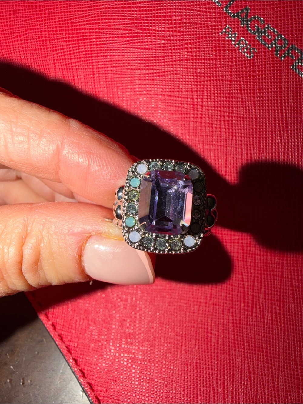 Sorrelli Vintage Inspired Silver Purple Gem Ring w/Swarvoski Halo Stamped Sz 6